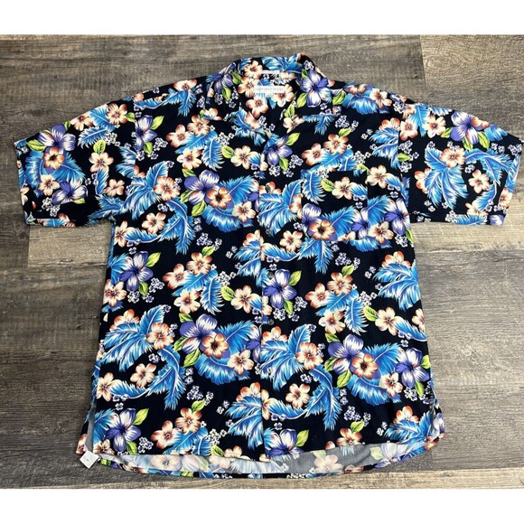 Geoffrey Beene Hawaiian Shirt Mens L Aloha Blue Tropical Floral Top Button - Picture 1 of 11